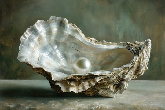 pearl in an open oyster shell lying on the table