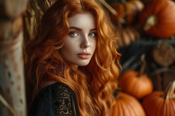 Fototapeta premium Beautiful red-haired witch casts a spell over pumpkins.