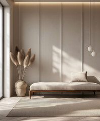 Modern nordic minimalist interior design. Aesthetic scandinavian elegant living room design. Copy space mock up. Clean walls for decoration in the apartment. Neutral palette of natural colors.