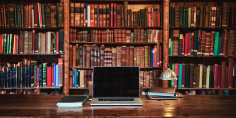 Laptop and books on a wooden desk in a library