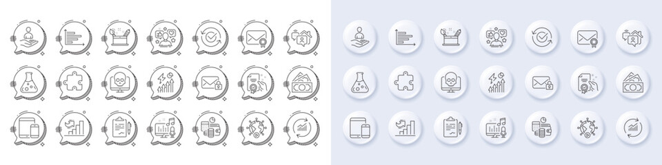 Budget accounting, Money and Growth chart line icons. White pin 3d buttons, chat bubbles icons. Pack of Chemistry lab, Electricity consumption, Creativity concept icon. Vector