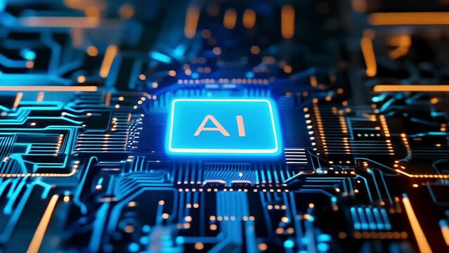 AI text on glowing chip on circuit board with blue and orange neon color scheme. Animation with rotation effect. High quality 4k footage