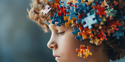  Close-up of a boy's head. Multi-Coloured jigsaw puzzle pieces cover the top of the head. Autistic theme