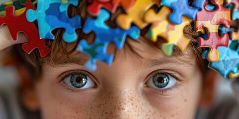  Close-up of a boy's head. Multi-Coloured jigsaw puzzle pieces cover the top of the head. Autistic theme