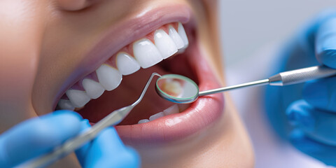 Close-up on an open mouth with a dentist's hands holding dental tools and examining the teeth and gums