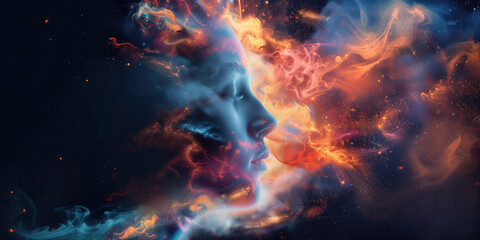 Selective focus on a person coping with the world around them. Autistic theme with exploding colours swirling around