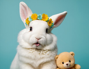 Spring bunny in a wreath of flowers with a teddy bear friend