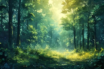 Obraz premium A Sunlit Path Through A Lush, Green Forest