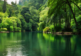 Natural scenery with a cool river, shady trees all around.