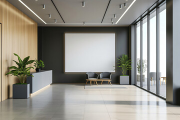 Minimalist and stylish office lobby showcasing a large blank advertising banner mockup with contemporary furniture and indoor plants