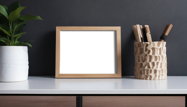 Blank space mockup insert in photo frame on table, design room space