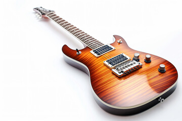 Fototapeta premium Contemporary electric guitar with a sunburst finish showcased alone against a pure white backdrop, emphasizing its sleek design and craftsmanship