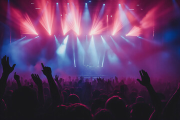Silhouetted audience with raised hands enjoying a vibrant live music concert with dynamic stage lights and festive atmosphere