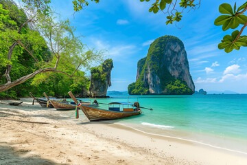 Fototapeta premium boats on a beautiful exotic beach in Thailand with mountains with vegetation sticking out of the water