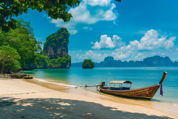 Fototapeta premium a boat on a beautiful exotic beach in Thailand with mountains with vegetation sticking out of the water, generative AI