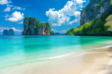 Fototapeta premium beautiful exotic beach in Thailand with mountains and vegetation sticking out of the water, generative AI