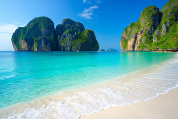 Naklejka premium beautiful exotic beach in Thailand with mountains and vegetation sticking out of the water, generative AI