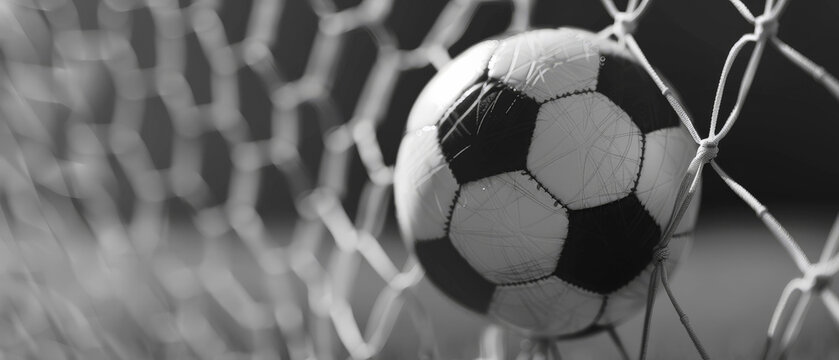 Bal&oacute;n de futbol entrando en la porter&iacute;a y golpeando la red, concepto deporte y blanco y negro