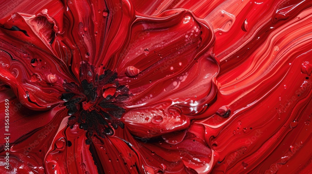 Poster red abstract background with macro cells and flower created with acrylic paints and marble texture i