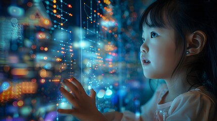 A young girl marvels at glowing futuristic interface screens surrounding her in a dark room, depicting curiosity and the digital age. 