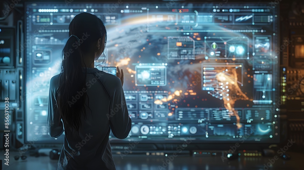 Wall mural a woman analyzes advanced data visualizations on a futuristic interface screen at a high-tech contro