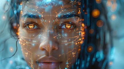 A close-up image of a woman with futuristic digital overlays on her face representing augmented reality or artificial intelligence concepts. 