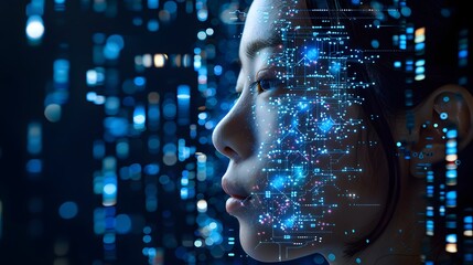 A digital conceptual portrait of a person with a futuristic interface of glowing data points overlaying their profile against a dark background with binary code. 
