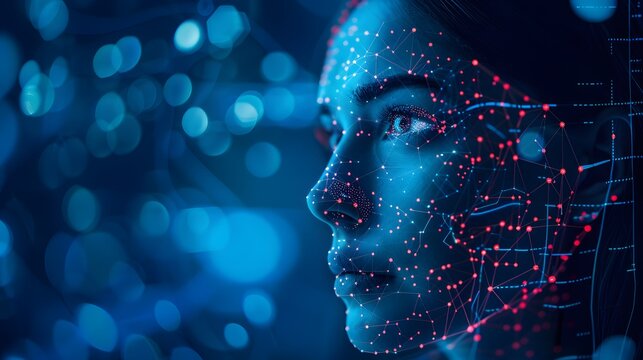 A profile of a woman with a blue-toned face overlaid with digital biometric mesh lines indicating facial recognition technology.