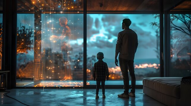 A man and a child are standing indoors looking out at a futuristic holographic display through large windows at night. 
