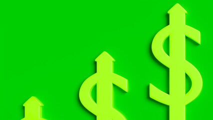 3d illustration of three money symbols with green ascending arrow, investment and monetary gain theme