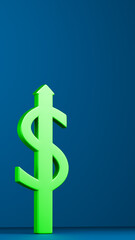 A monetary symbol with green ascending arrow on isolated blue background, profit and savings theme