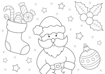 christmas a4 colouring page, santa and candy filled stocking