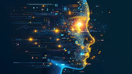 Futuristic digital human profile with glowing circuit patterns on a dark background representing artificial intelligence and technology development.