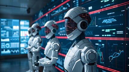 Advanced humanoid robots analyzing data on futuristic screens in a high-tech control room. 