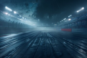 Race Track Night, Empty Wet Surface, Illuminated Foggy Grandstands, Lights Mist Dark, Asphalt Racing Environment