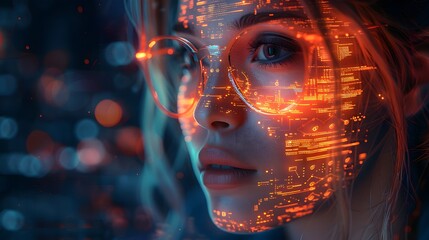A young woman with augmented reality interface graphics projected onto her face, expressing a futuristic concept. 