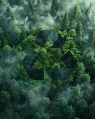 Recycle symbol on the forest background . Ecological concept. Ecology. Recycle and Zero waste symbol in the untouched jungle for Sustainable environment. AI generated illustration