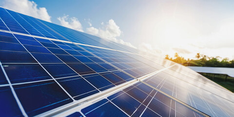 Solar panels glowing under a sunny sky on a modern home roof