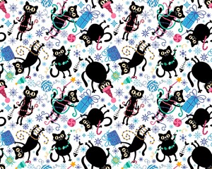 Obraz premium Christmas cartoon animals seamless cats and toys pattern for wrapping paper