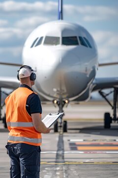 Air traffic control ground crew clipboard next to airplane