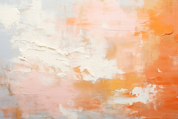 Abstract background peach and white color gradient in pastel light orange, textured with acrylic paint splatters and brushstrokes on canvas.
