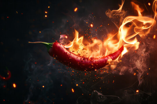 Red hot chili pepper on fire on a dark black background with space for text or inscriptions
