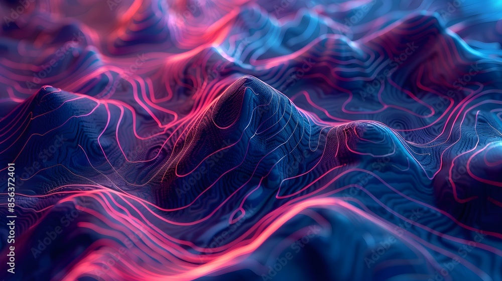 Poster intricate digital landscape, characterized by wavy, contour lines that resemble topographical maps. 