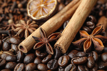 Roasted coffee beans with cinnamon sticks, anise and dried orange slices close-up
