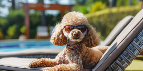 Obraz premium Poodle dog sunbathing by the pool in sunglasses