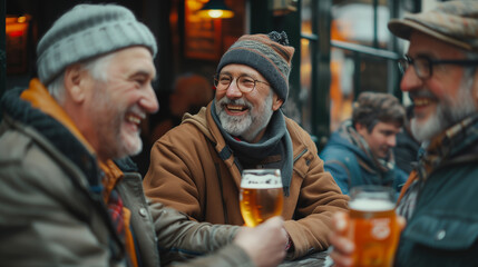 Group of senior adults sitting in bar outdoor in winter and drinking beer with friends, happiness and freedom concept. Generative AI