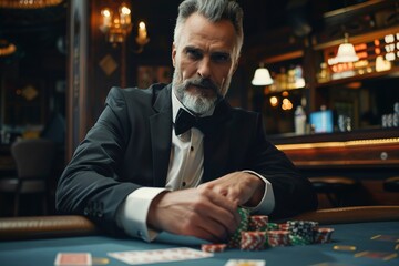 A wealthy mature man playing poker in a casino