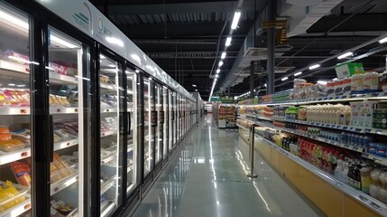 Obraz premium Empty supermarket aisle with refrigerators