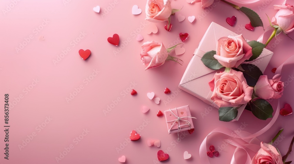 Canvas Prints Valentine s Day theme with pink roses heart shaped gift box and love letter on pink backdrop