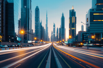 Fototapeta premium road in the city with skyscrapers. Panorama of a big city with lights 